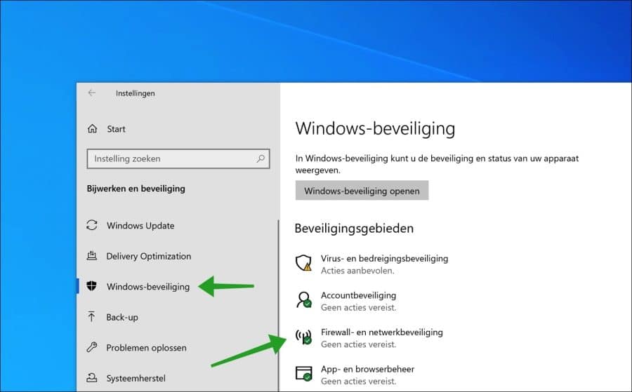 Firewall en netwerkbeveiliging instellingen in Windows 10