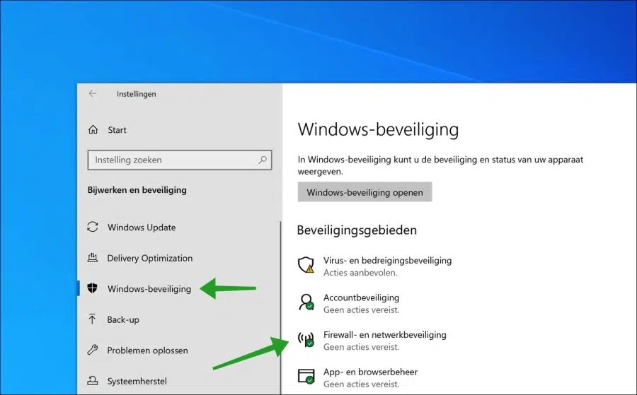 Firewall en netwerkbeveiliging instellingen in Windows 10