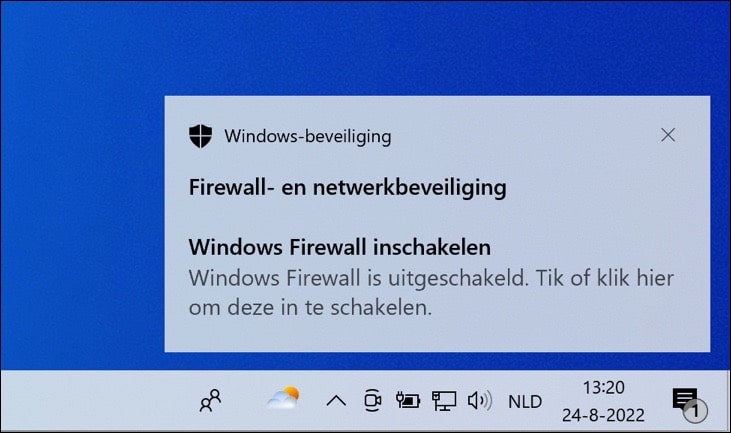 Notificación de firewall deshabilitado en Windows 10