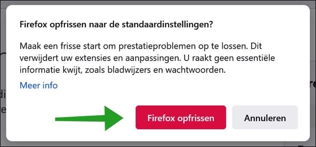 Firefox opfrissen naar standaardinstellingen