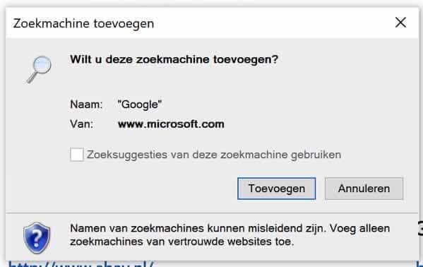 Google zoekmachine toevoegen aan internet explorer