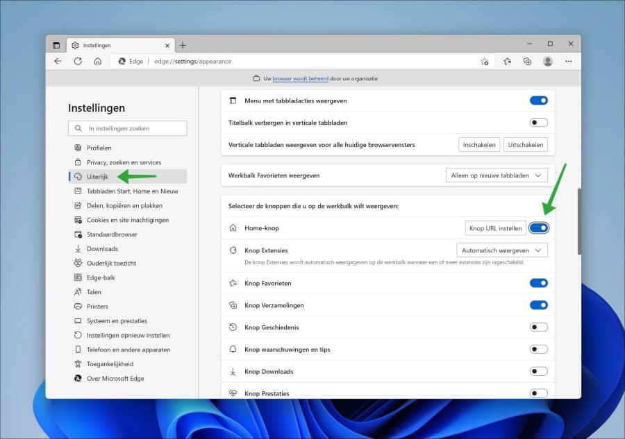 Home knop toevoegen aan Microsoft Edge