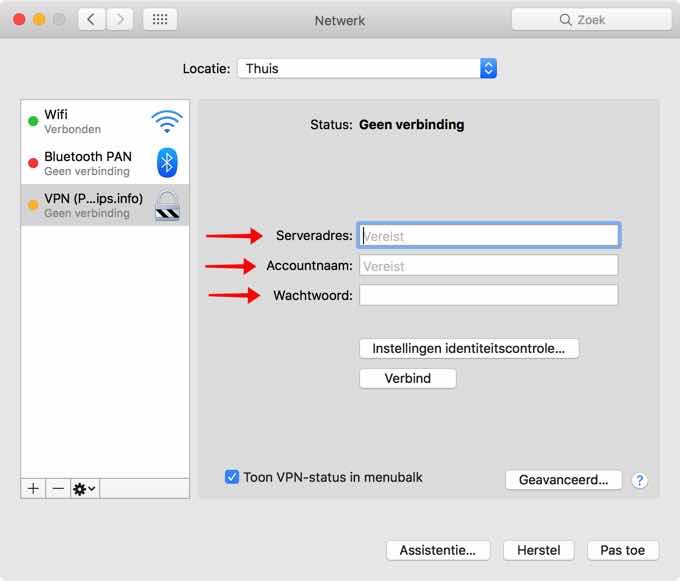 vpn instellen macos - serveradres accountnaam wachtwoord