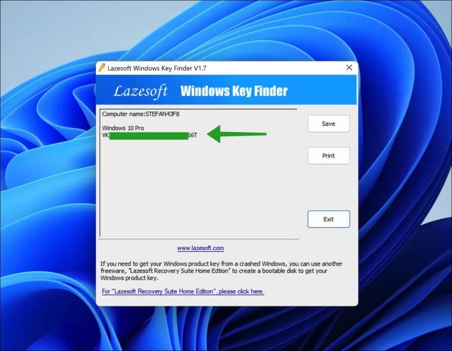 Use Lazesoft Windows Key Finder for free to look up the license key