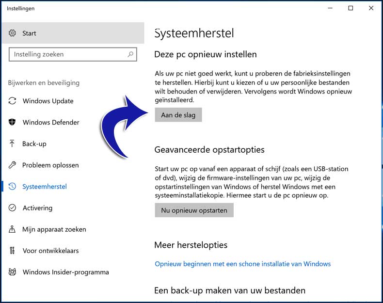 paramètres de restauration à l'usine de Windows 10