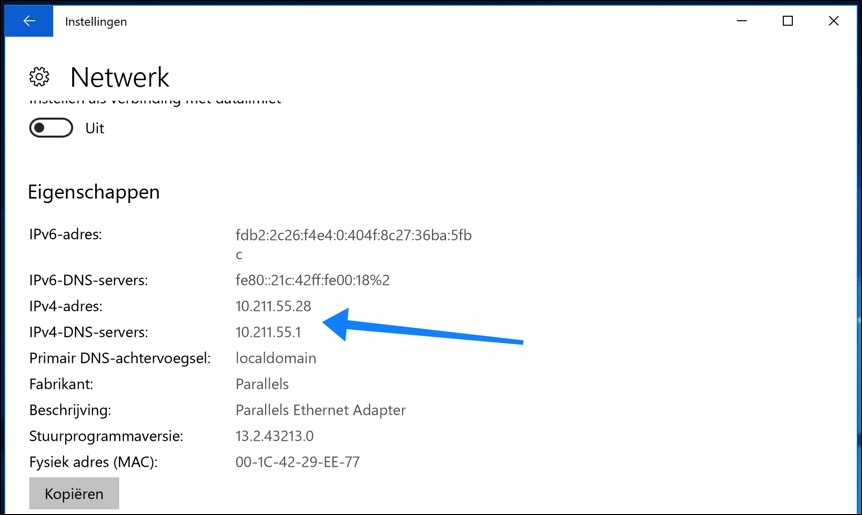 propriedades de pesquisa de endereço IP das configurações do Windows 10