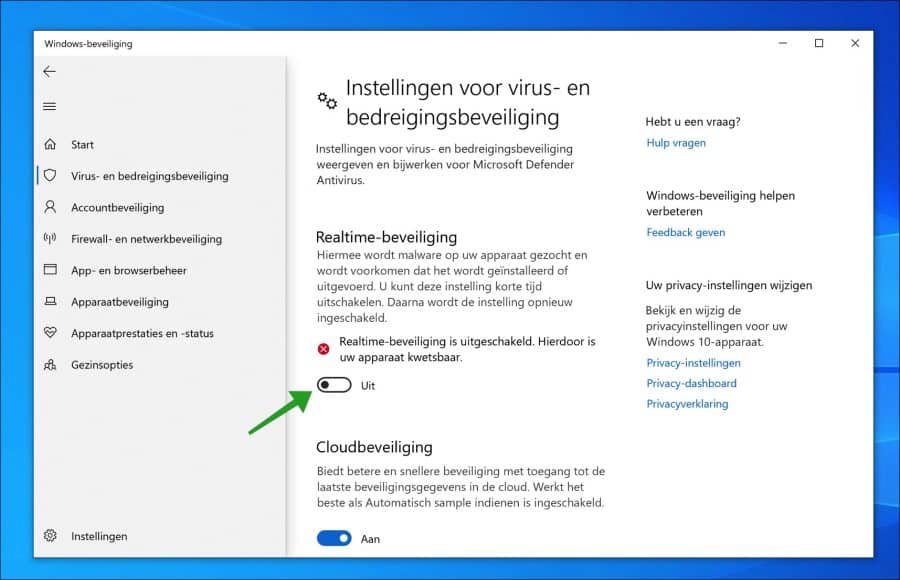 Microsoft Defender antivirus realtime bescherming uitschakelen