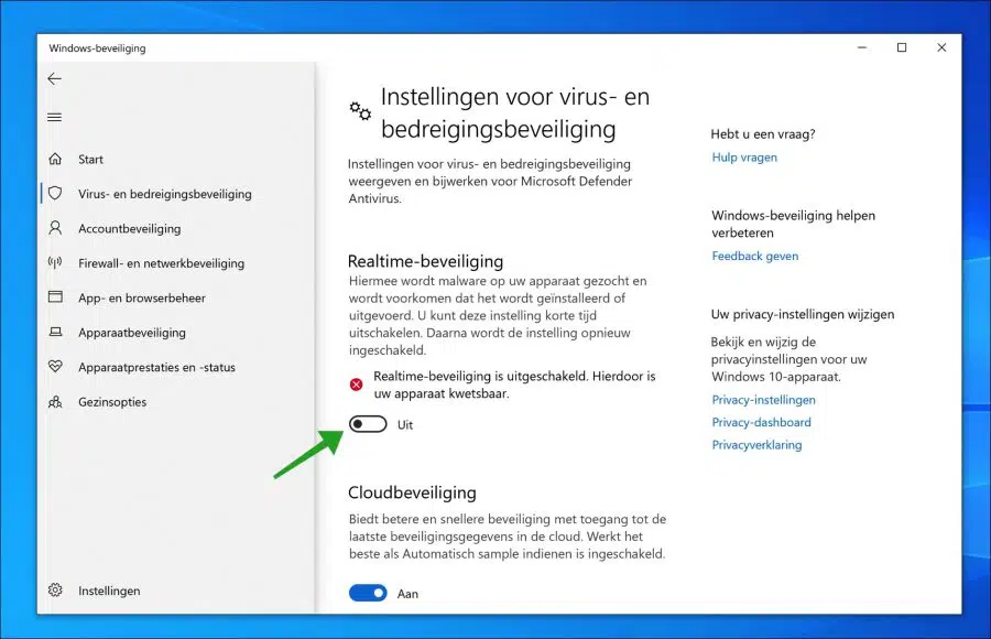 Microsoft Defender antivirus realtime bescherming uitschakelen