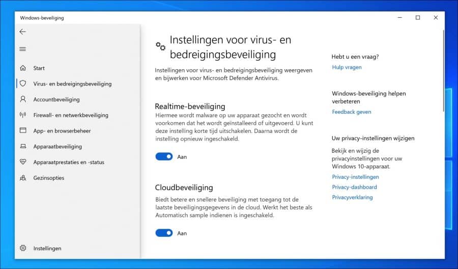 Virusbedreiging uitschakelen in Windows 10