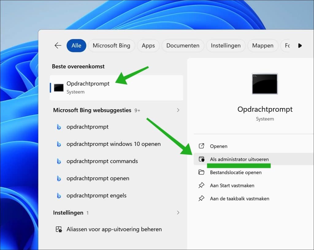 Opdrachtprompt en klik op Als administrator uitvoeren