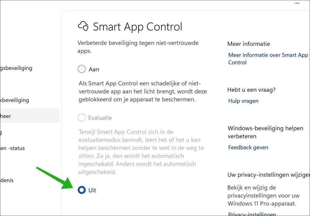 Smart app control tijdelijk uitschakelen