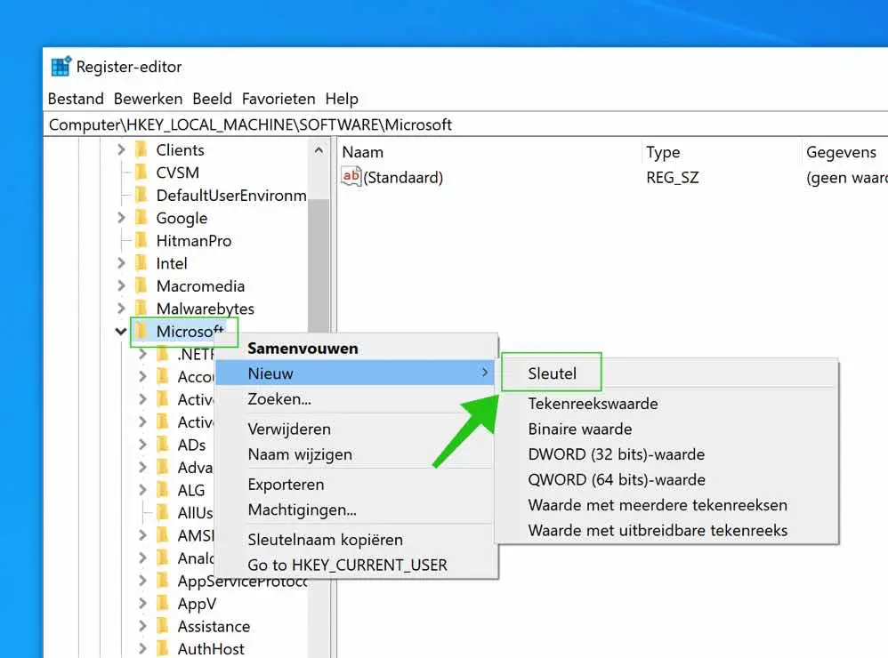 nieuwe sleutel register