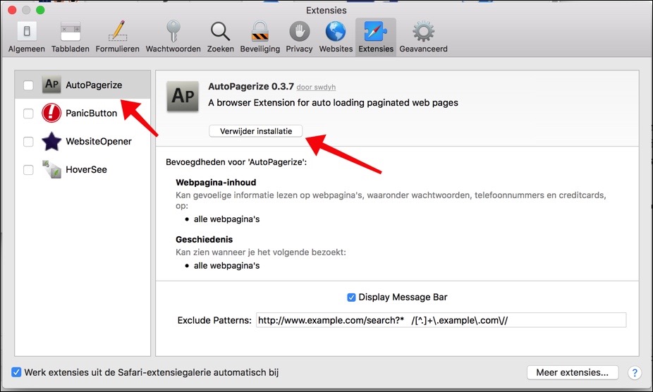 extensie verwijderen uit Safari mac