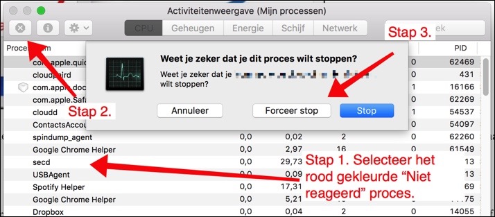 safari processen stoppen met activiteitsweergave