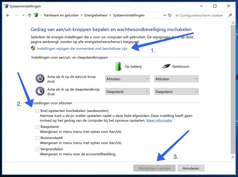 snel opstarten uitschakelen windows 10