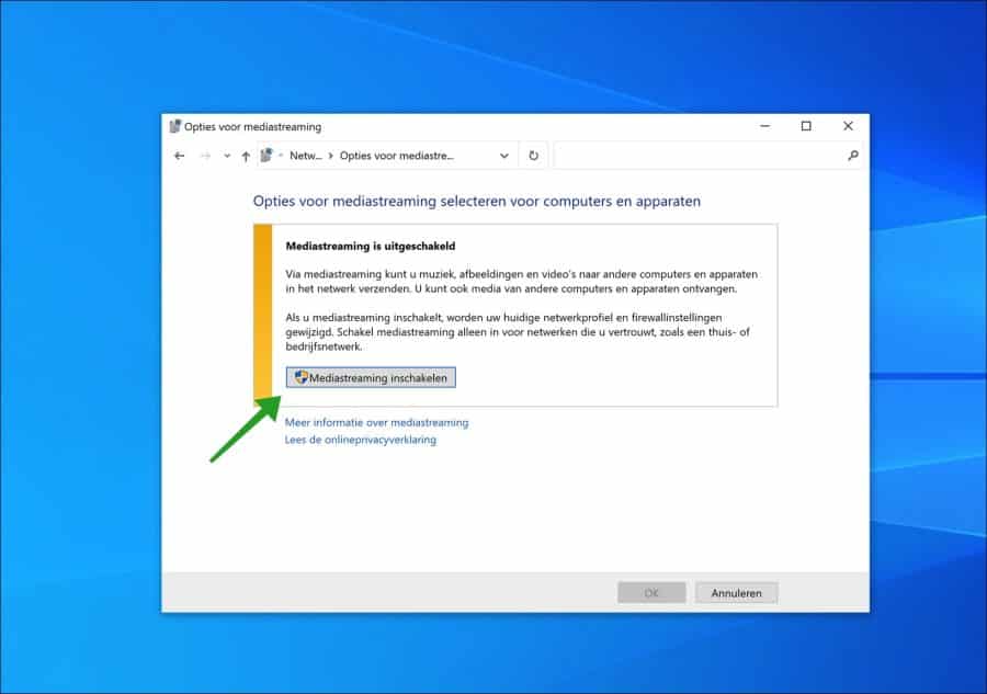 Mediastreaming inschakelen in Windows 10