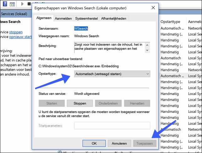 Windows Search service automatisch opstarten windows 10