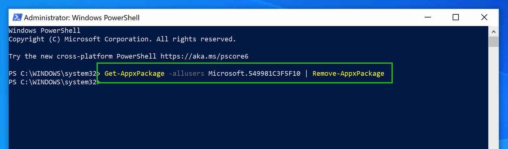 eliminar cortana a través de powershell