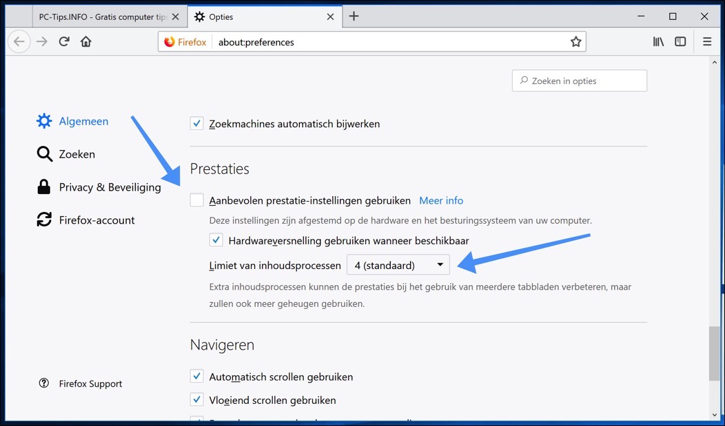 firefox inhoudsprocessen beperken