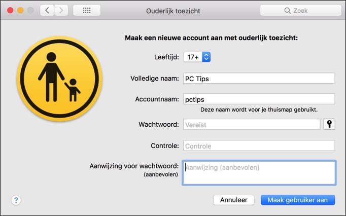 ouderlijke toezicht gebruikers account aanmaken