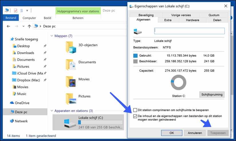 windows 10 inhoud indexeren