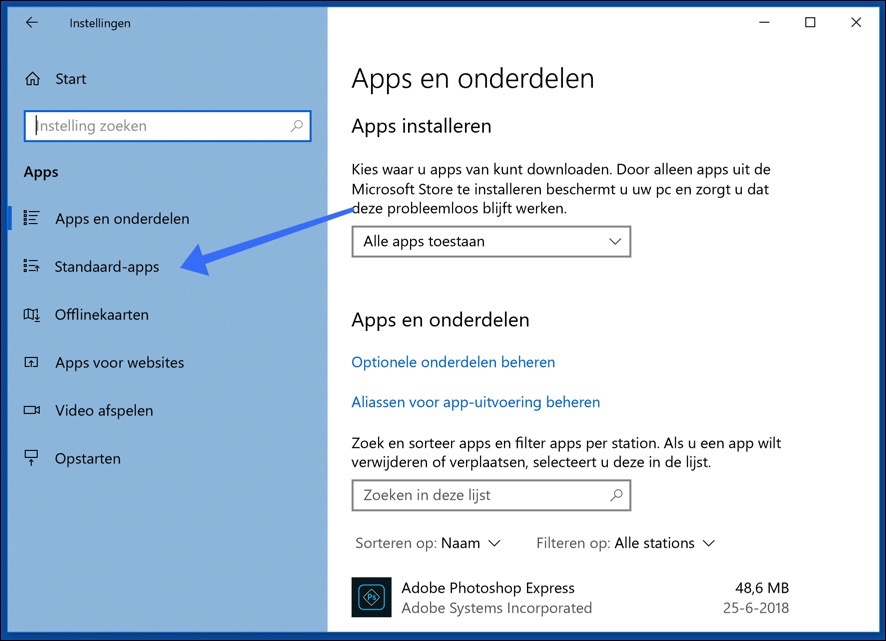 menu des applications par défaut de Windows 10