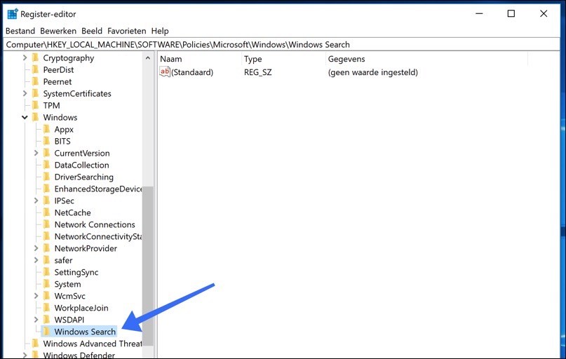 carpeta de búsqueda de Windows registrar cortana