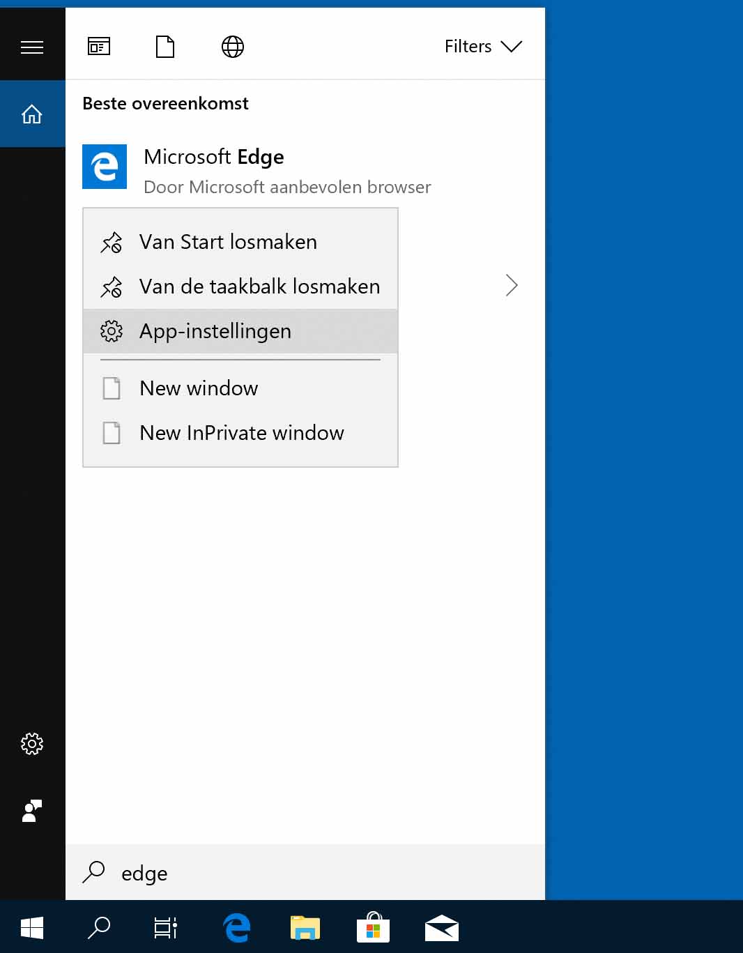 configurações do aplicativo Microsoft Edge