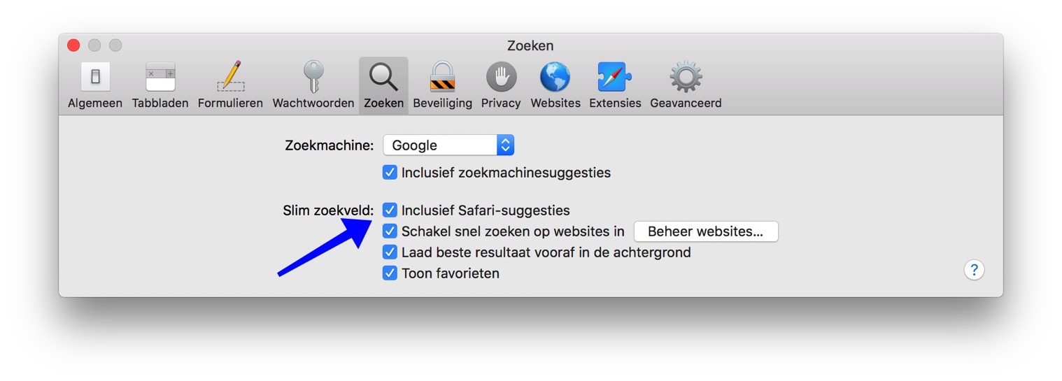 safari suggesties uitschakelen mac