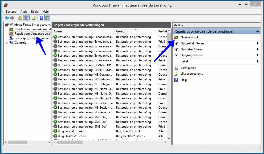 reglas de firewall de Windows para conexiones salientes