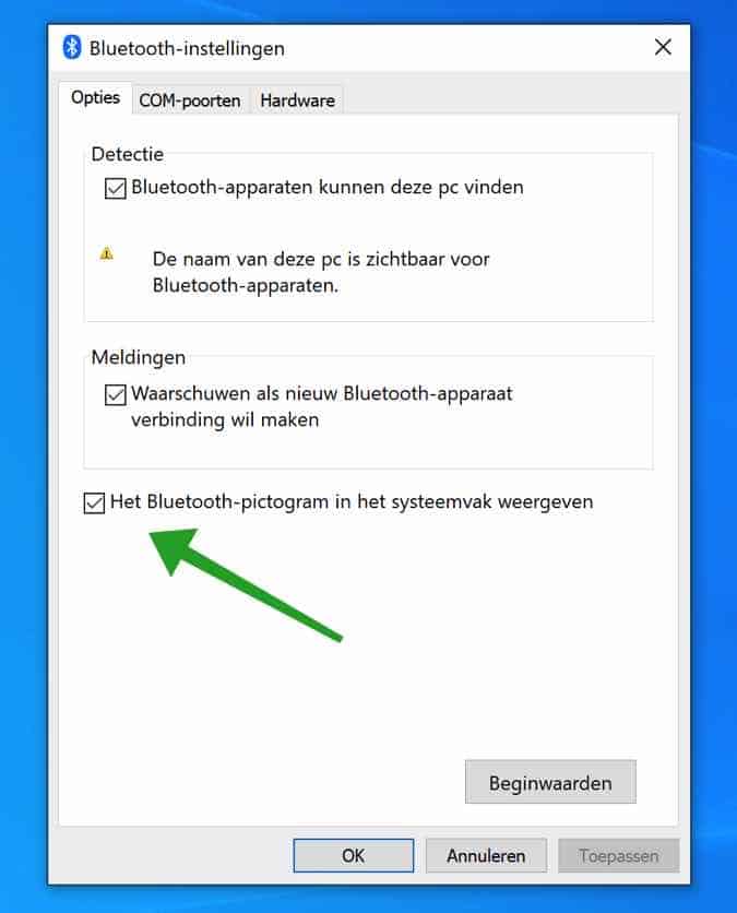 bluetooth icoon weergeven in het windows systeemvak