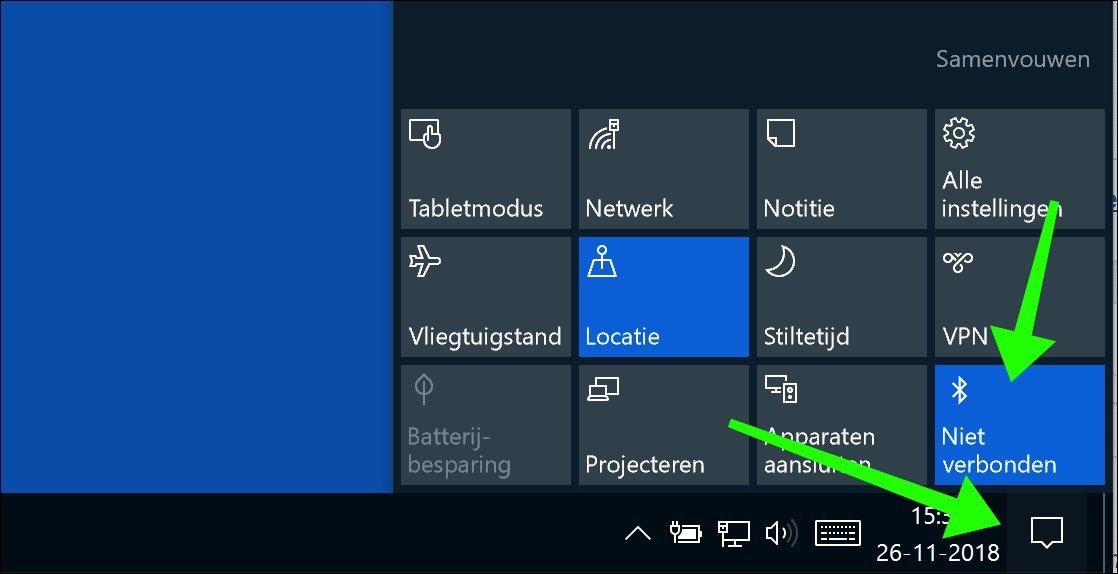 enable bluetooth windows 10 action center