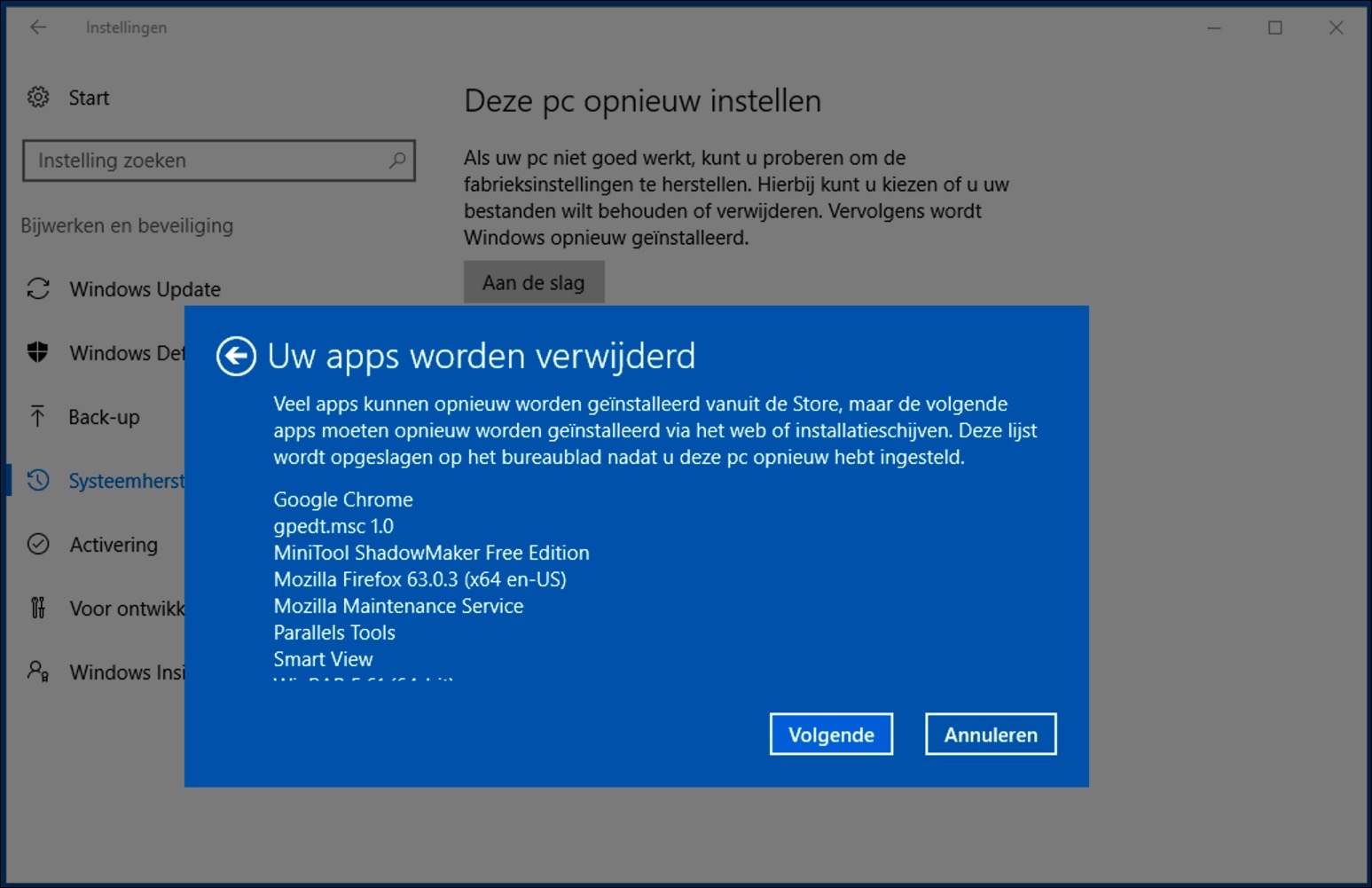 windows 10 opnieuw installeren apps verwijderen