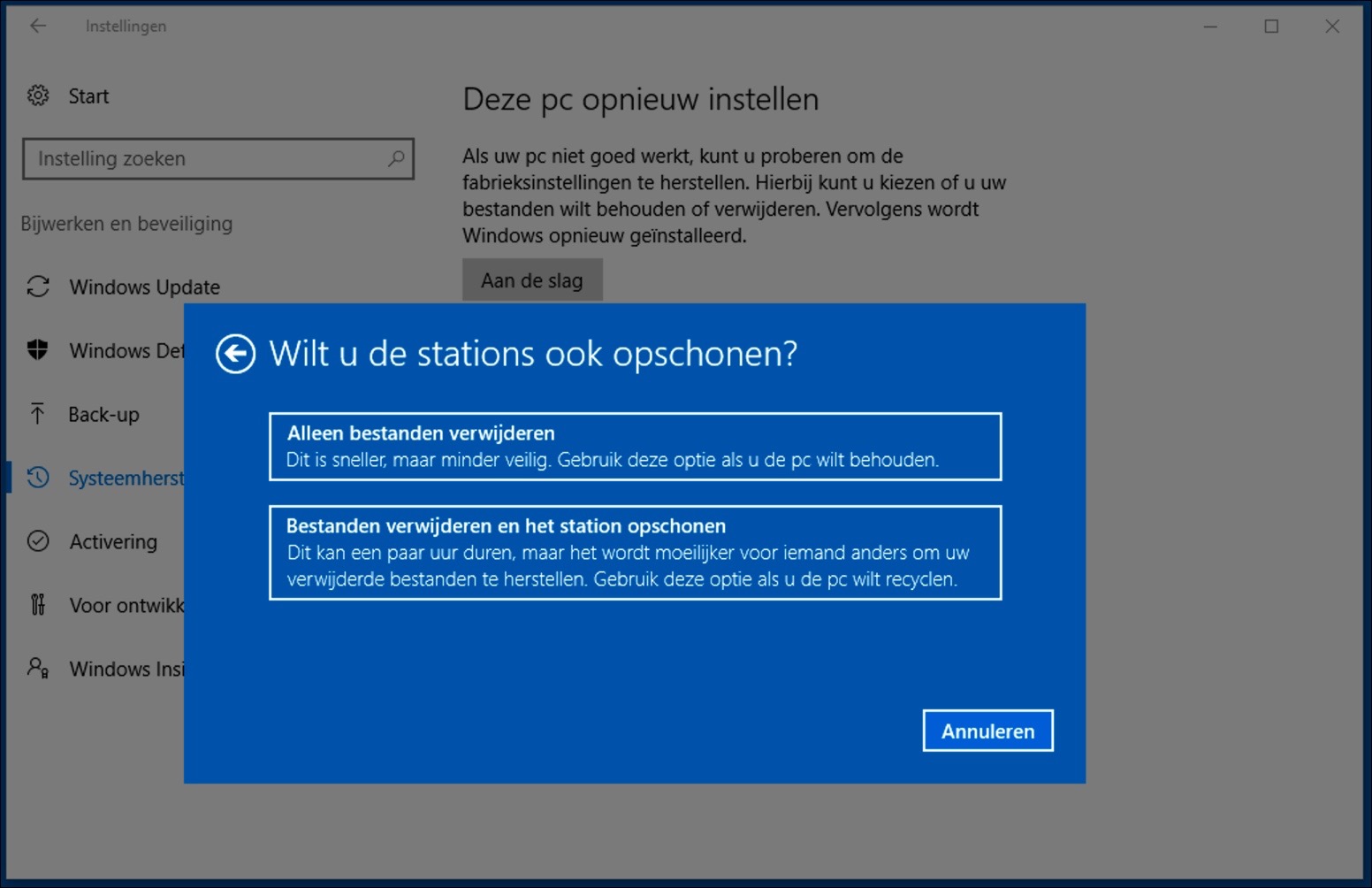 windows 10 opnieuw installeren stations opschonen