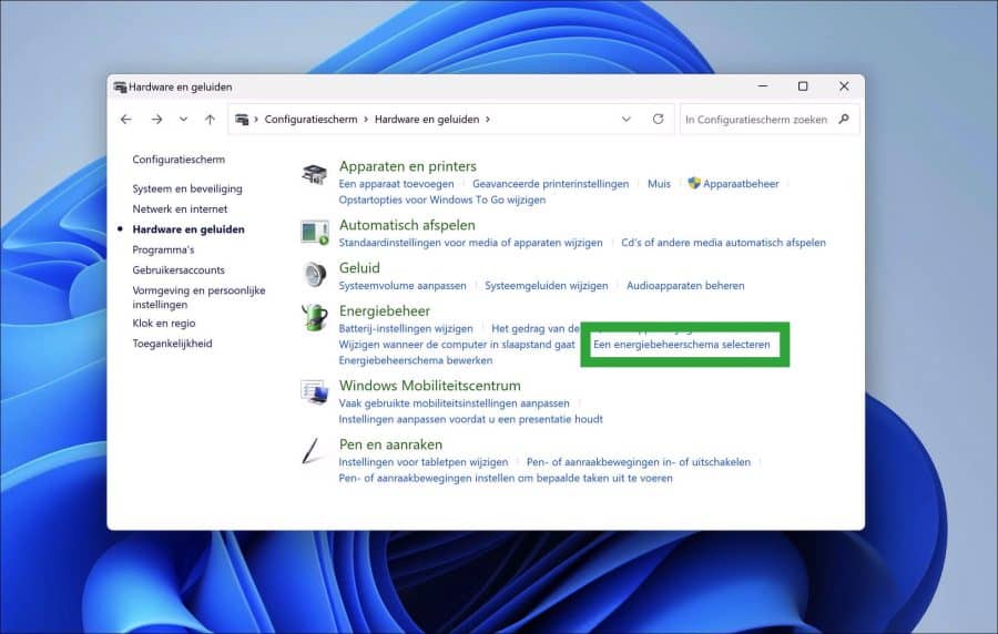 Een energiebeheerschema selecteren
