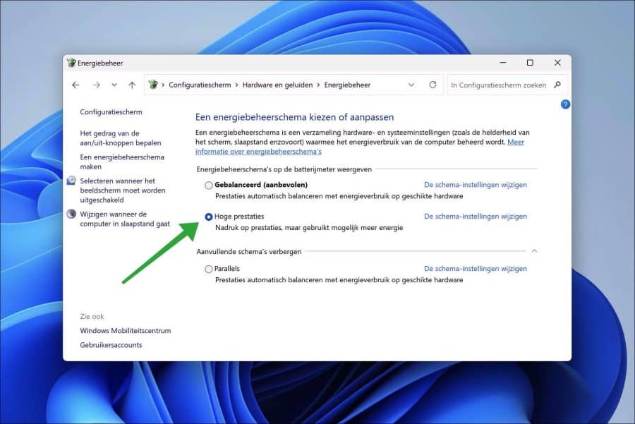 Hoge prestaties energiebeheerschema activeren