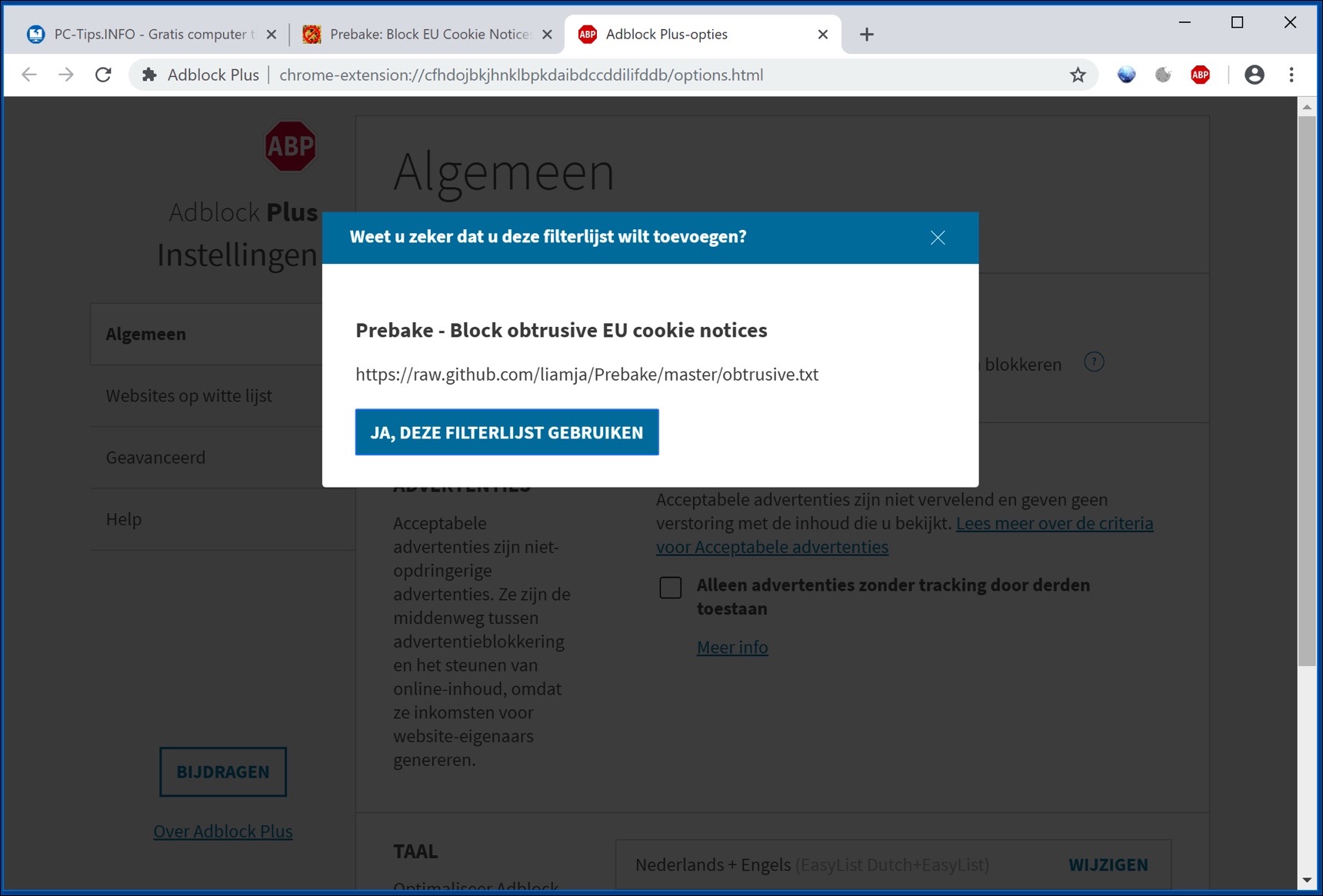 prebake adblock plus filter toevoegen chrome