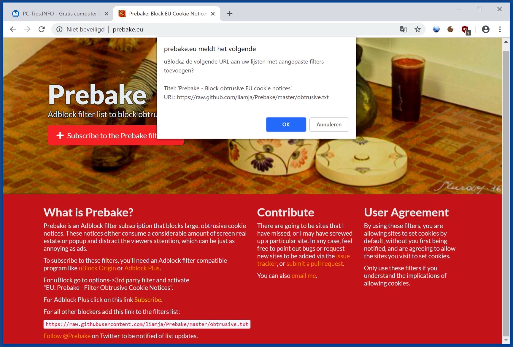 prebake ublock origin cookie filter add chrome