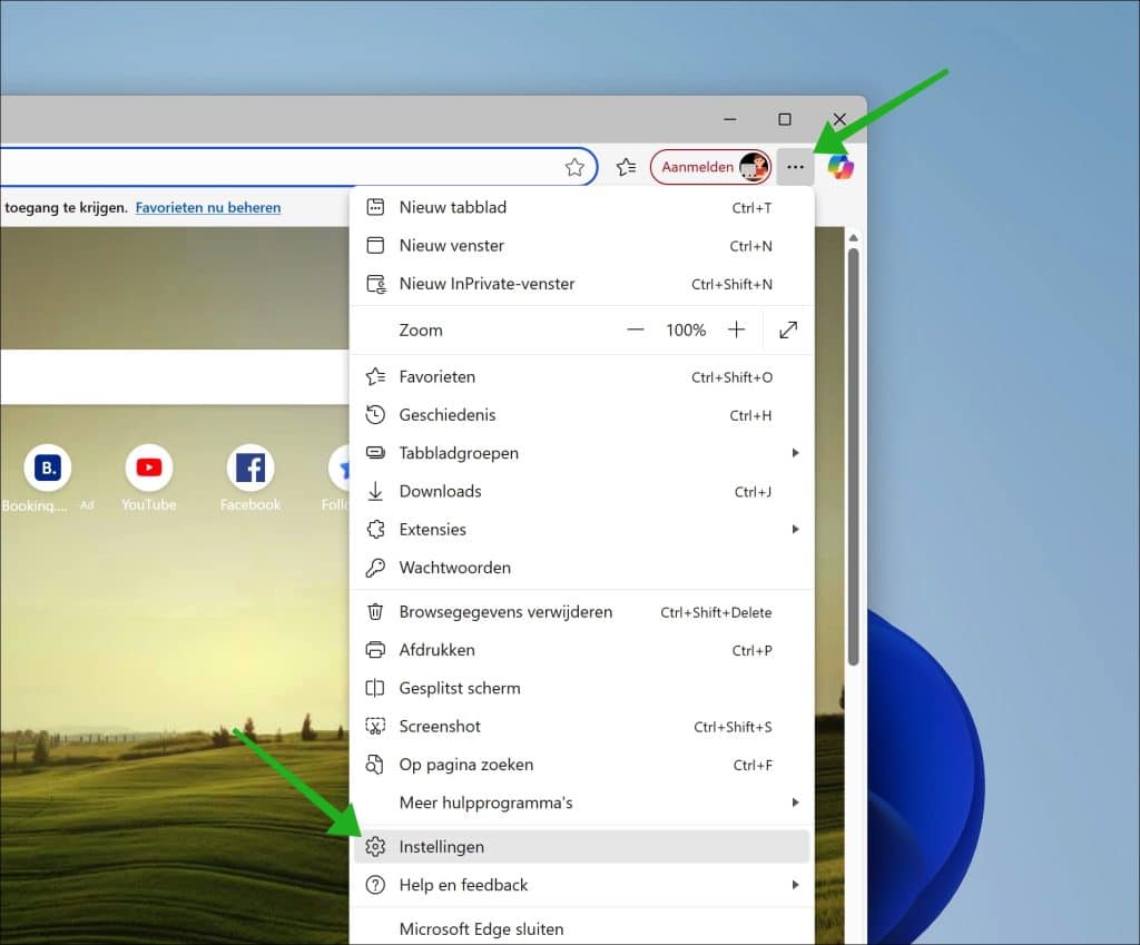 Edge instellingen openen