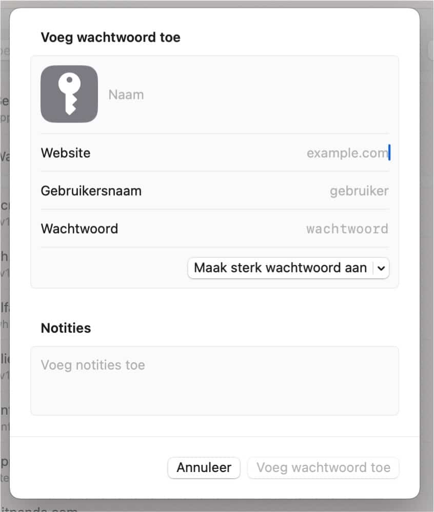 Handmatig gebruikersnaam en wachtwoord toevoegen aan website in Safari