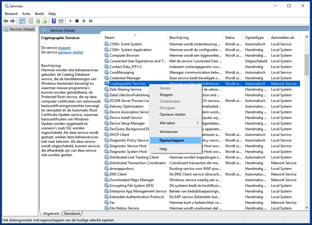 cryptographic services wijzigen