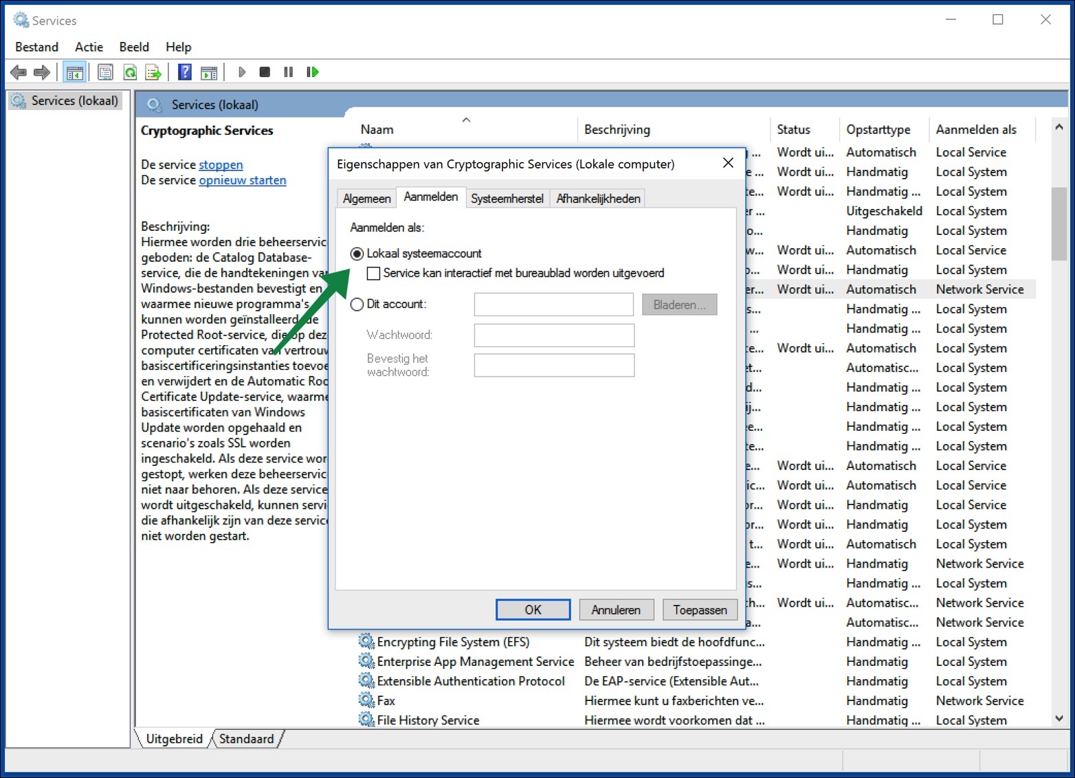 cryptsvc change local system account