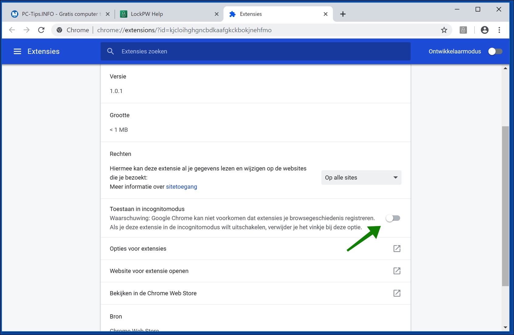 incognito toestaan lockpw google chrome