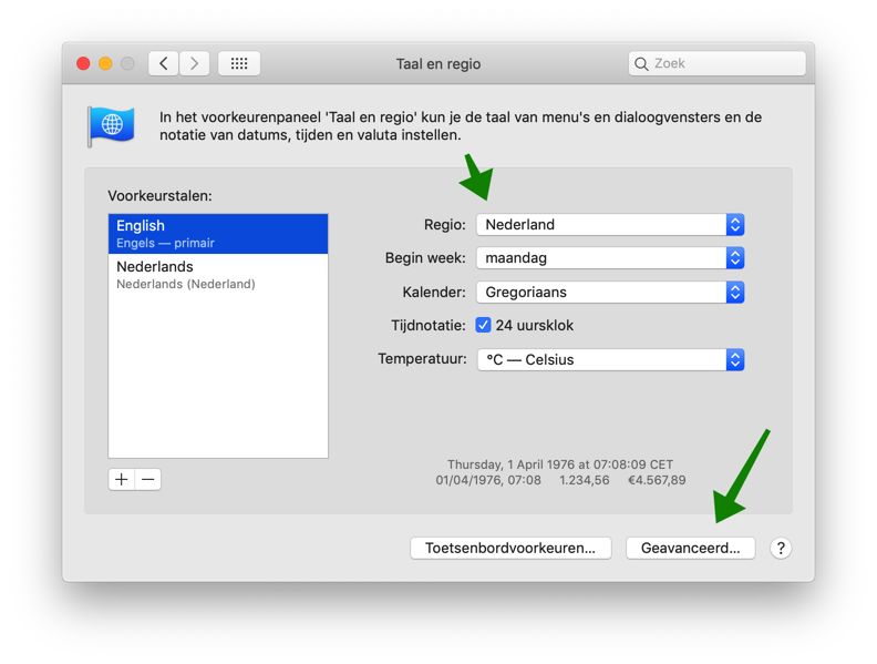 Modification de la langue Mac Paramètres avancés