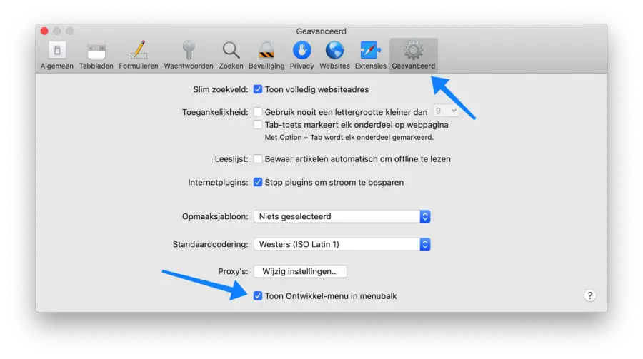 ontwikkelaars menu aanzetten safari voor trage mac