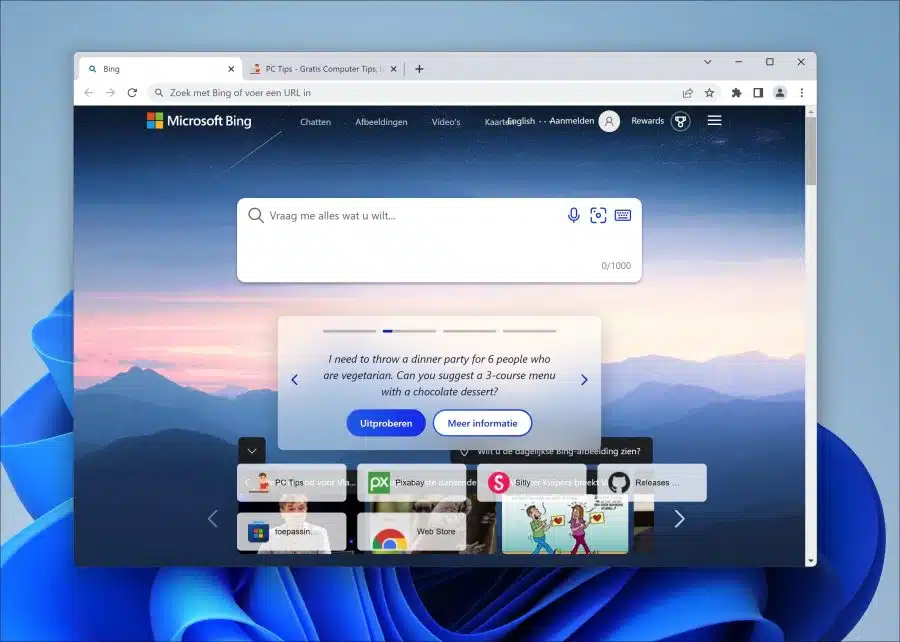 Bing zoekmachine in Google Chrome browser