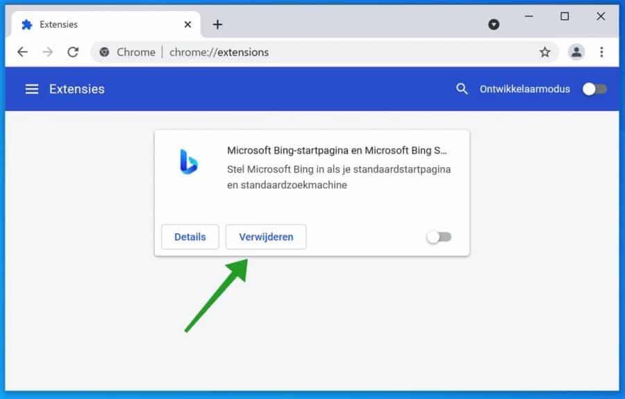 Microsoft Bing startpagina extensie verwijderen uit Google chrome