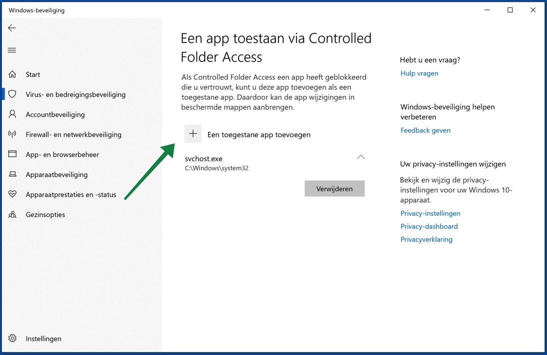 applicatie toestaan controlled folder access windows 10