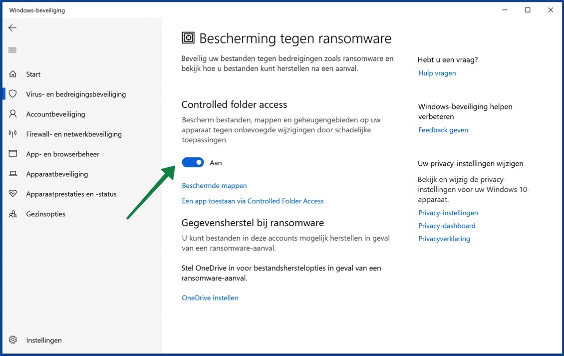 configuración de acceso controlado a carpetas windows 10