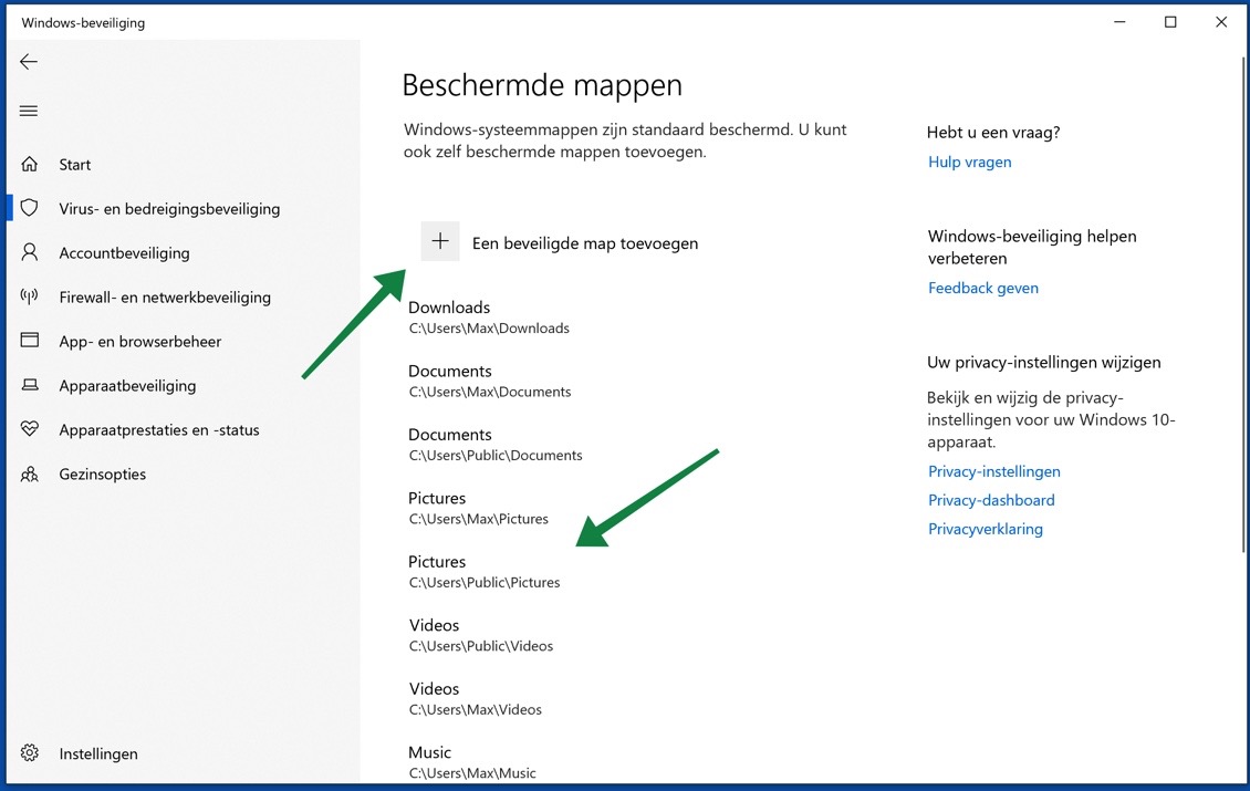 controlled folder access mappen toevoegen